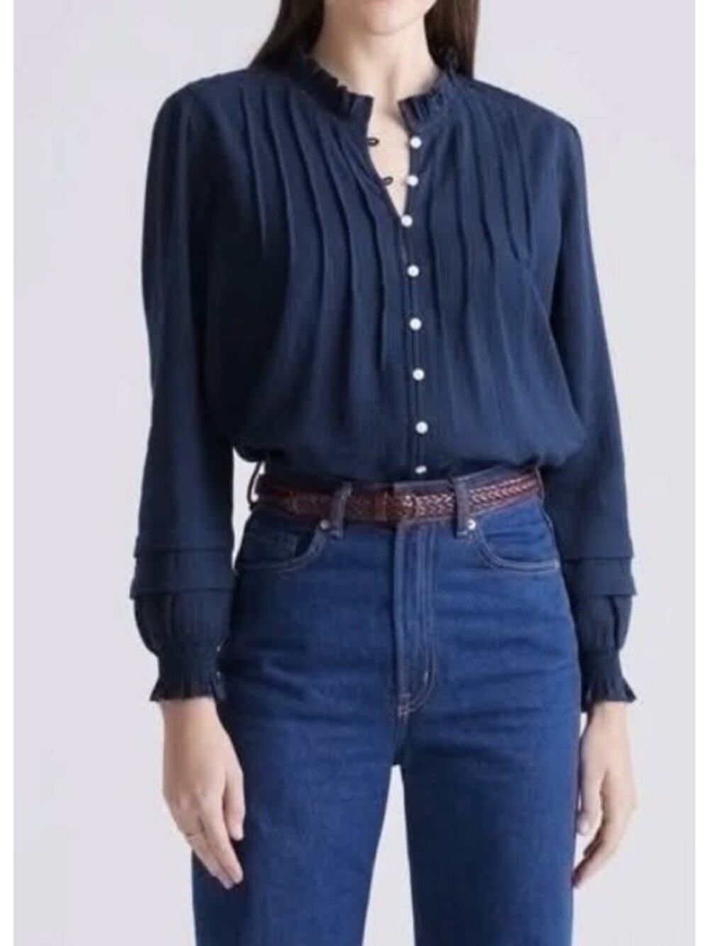 Quince Size Large Top Blouse Navy Organic Cotton Textured